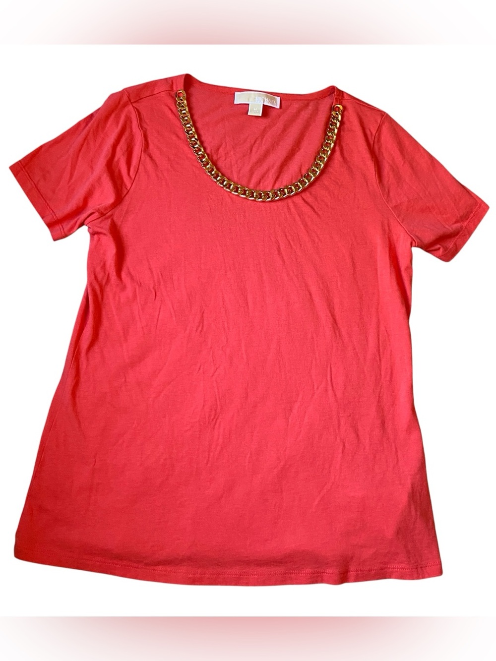 Michael Kors Coral Short Sleeve Top with Gold Chain Trim, Size M